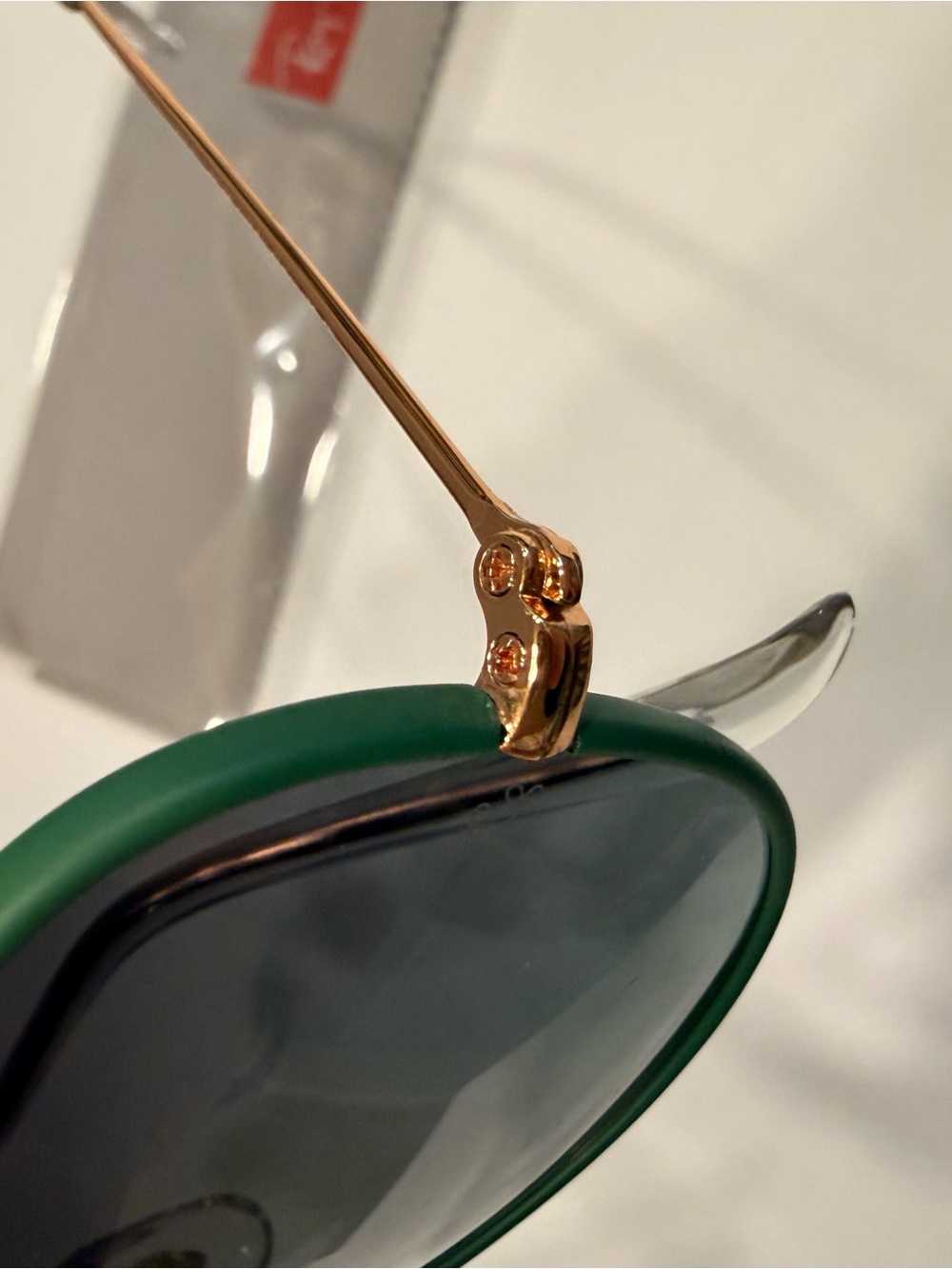 Ray-Ban Gold Frame Aviators with Green Trim and Dark Lenses - Picture 5 of 9